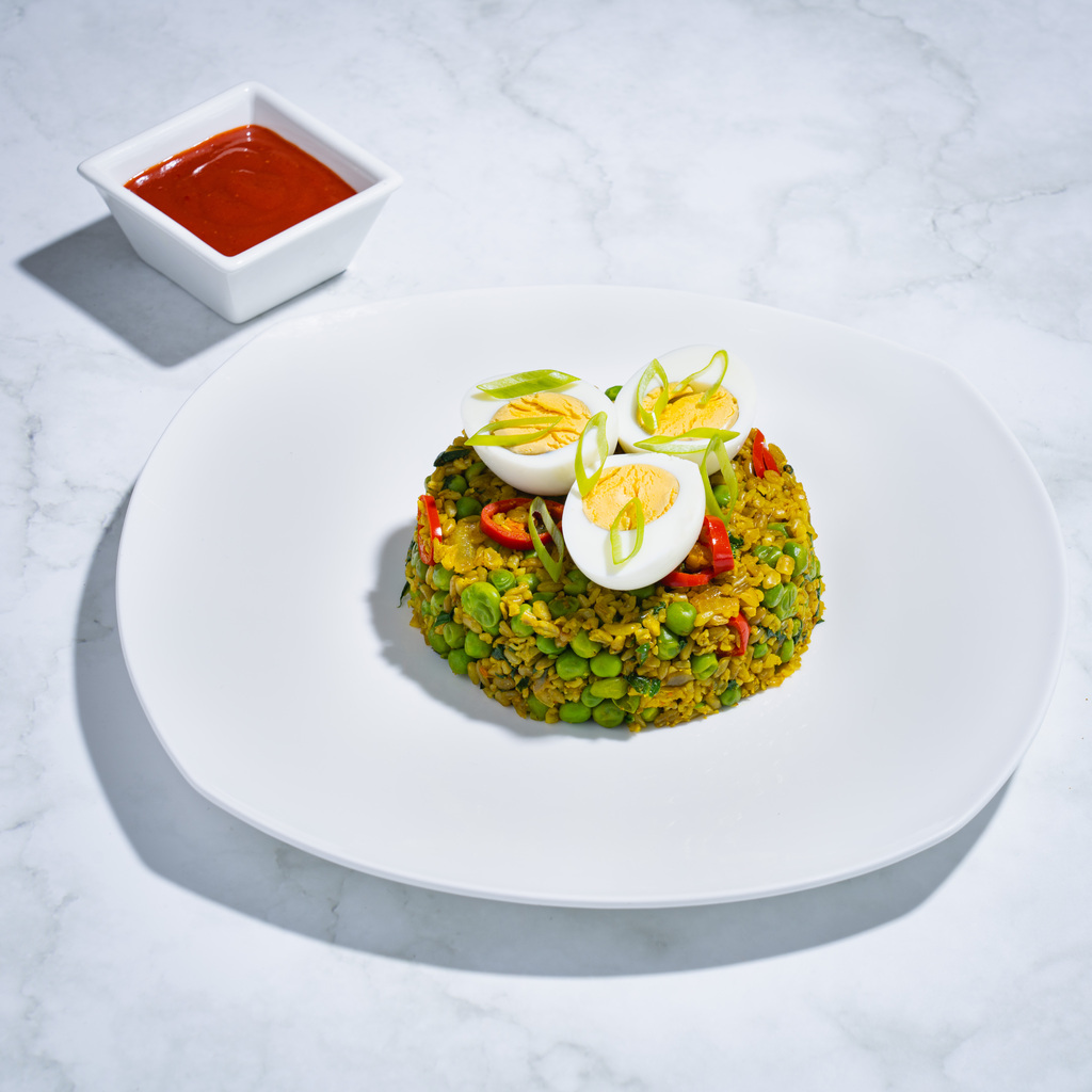 Spiced Grains with Peas, Spinach and Jammy Eggs